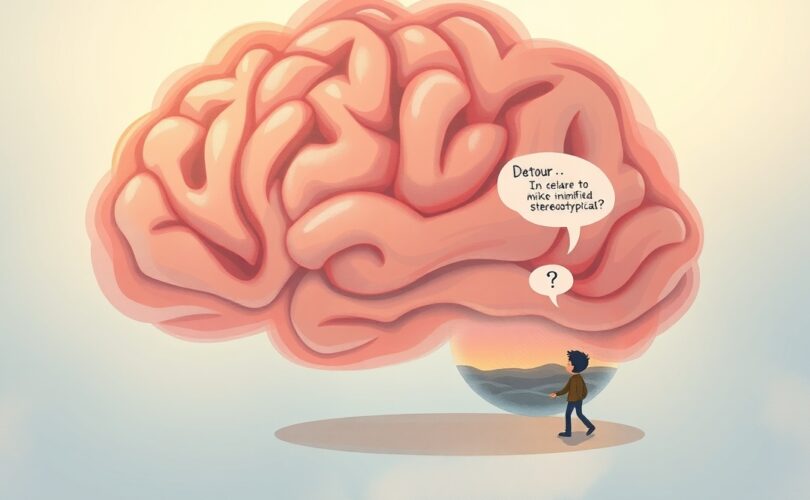 Mózg z pastelowych ścieżek, ilustrujący na skróty myślowe: prostą drogę do szczęścia i kręte do błędów.