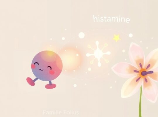 Stylizowana, przyjazna cząsteczka histaminy emitująca świetliste cząstki, interakcja z pyłkami.