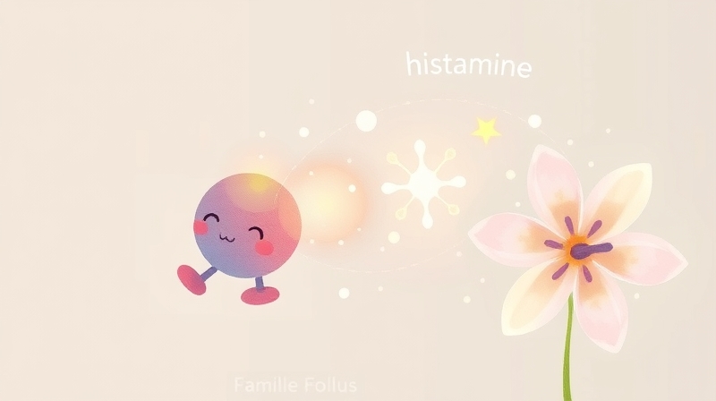 Stylizowana, przyjazna cząsteczka histaminy emitująca świetliste cząstki, interakcja z pyłkami.