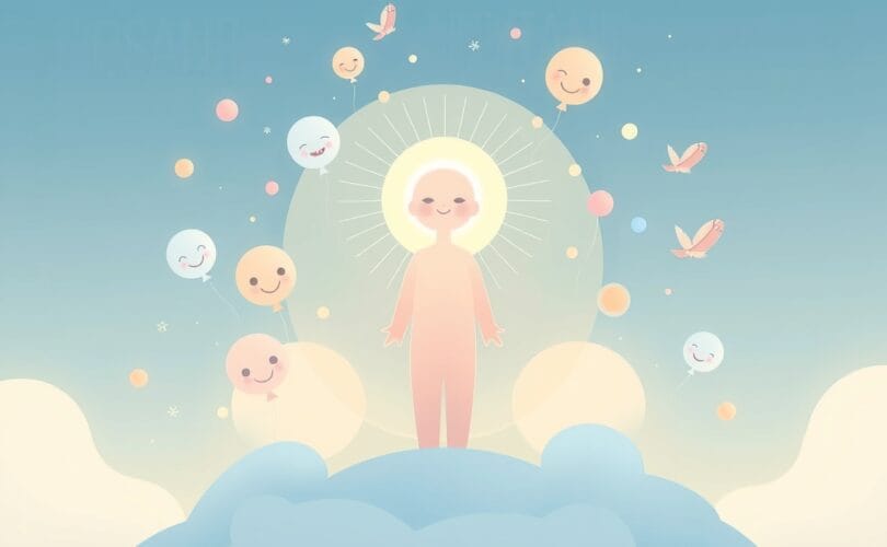 Abstrakcyjna, pastelowa wizja śmiechu rozpraszającego stres, z uśmiechniętymi twarzami i lekkością.