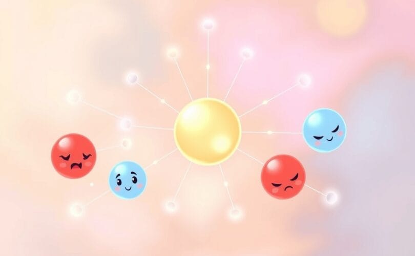 Pastelowe kule emocji (radość, smutek, złość, strach) splecione w harmonijną całość wokół promiennej kuli jaźni.