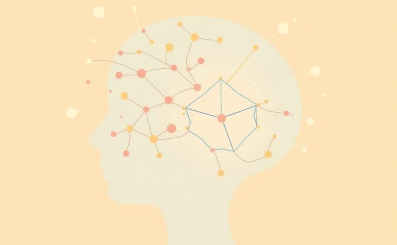 Stylizowana głowa z pastelowymi wzorami intuicji łącząca się z logiką analizy.