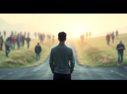 Rozdroża wyborów: tłum za jedną ścieżką, samotna klarowność za drugą.