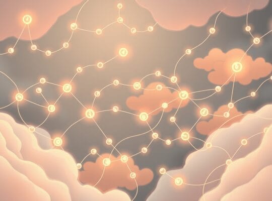 Sieć świecących cząsteczek serotoniny w pastelowych chmurach, symbolizująca złożoność nastroju.