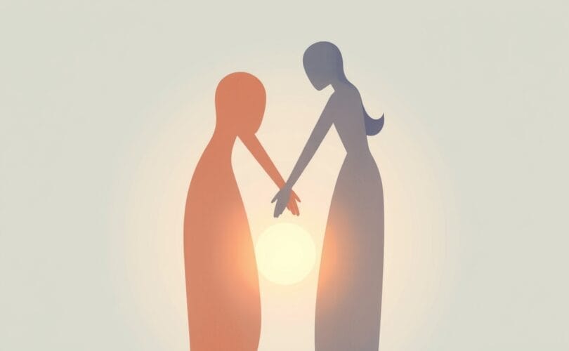 Ilustracja symbolicznie ukazuje połączone postacie ludzkie, ciepłe barwy, sugerujące więź rodzeństwa.