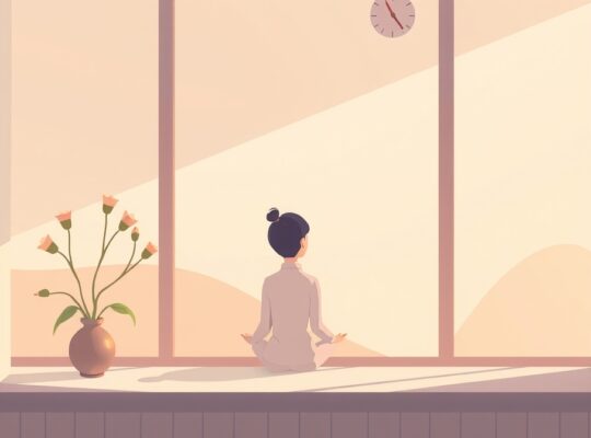 Ilustracja pastelowa: samotna postać w kontemplacji, harmonia czasu wolnego i dobrostaniu.