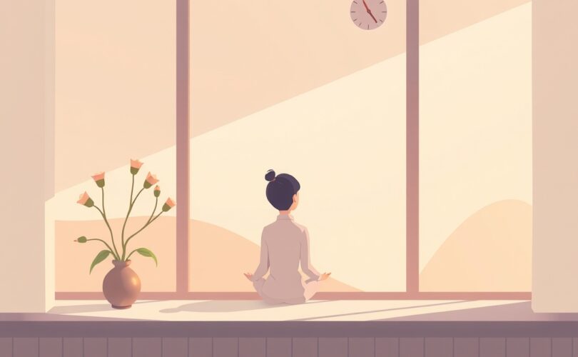 Ilustracja pastelowa: samotna postać w kontemplacji, harmonia czasu wolnego i dobrostaniu.