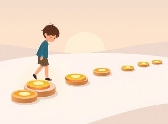 Abstrakcyjna ilustracja osoby, kroków ze świecących monet w pastelowych barwach.