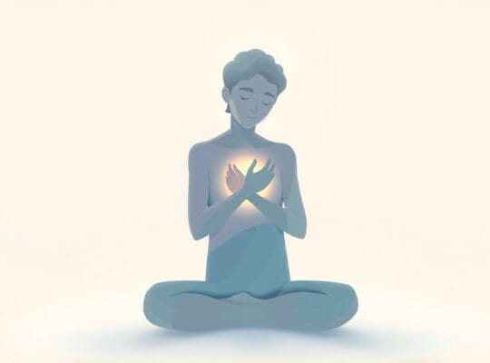 Abstrakcyjna postać w pastelowych barwach obejmuje siebie, symbolizując spokój i samoakceptację.