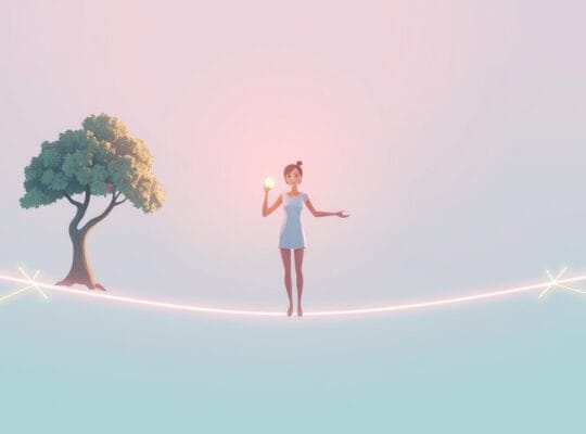 Osoba balansuje na cyfrowej linie między naturą a technologią, trzymając kulę światła.