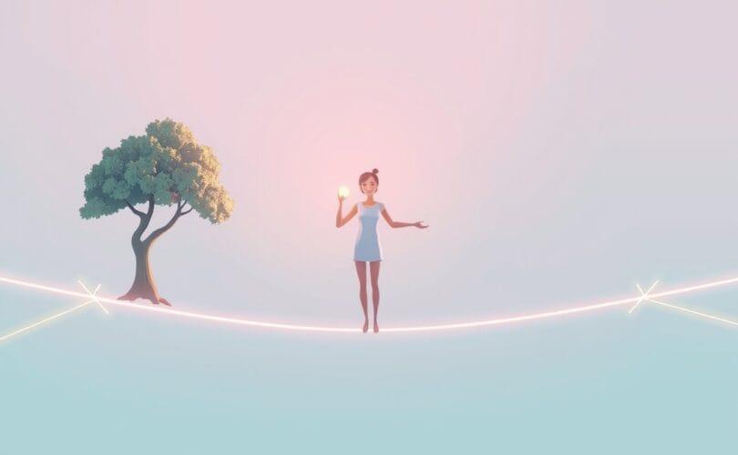 Osoba balansuje na cyfrowej linie między naturą a technologią, trzymając kulę światła.