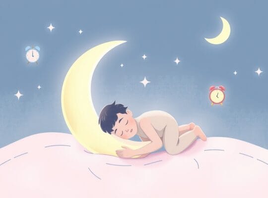 Pastelowy księżyc otula śpiącą postać, symbole dobrych nawyków snu.