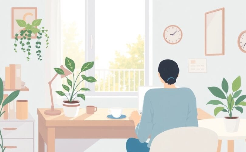 Jasne, oto propozycja tekstu alternatywnego: Słoneczne domowe biuro, praca zdalna, zdrowa rutyna, zakończenie dnia.