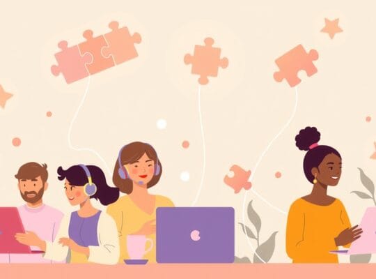 Ilustracja: Zespół pracujący zdalnie, połączony świetlistymi liniami, symbolizującymi komunikację i wsparcie.