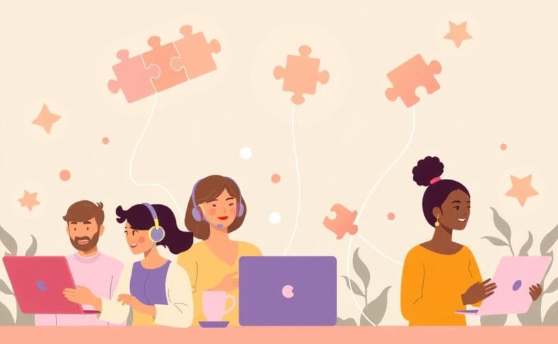 Ilustracja: Zespół pracujący zdalnie, połączony świetlistymi liniami, symbolizującymi komunikację i wsparcie.