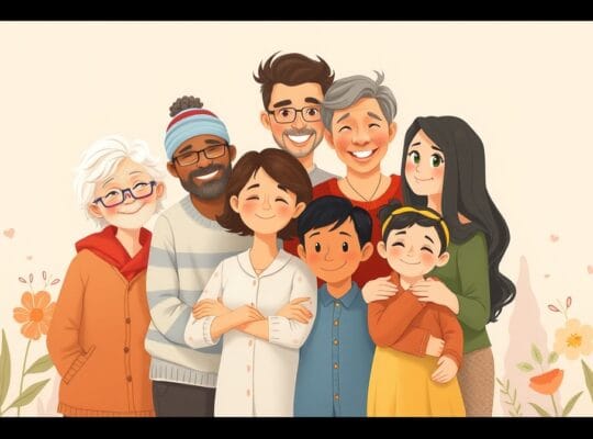 Harmonijna ilustracja rodziny patchworkowej, różnorodnej, wyrażającej akceptację i bliskość.