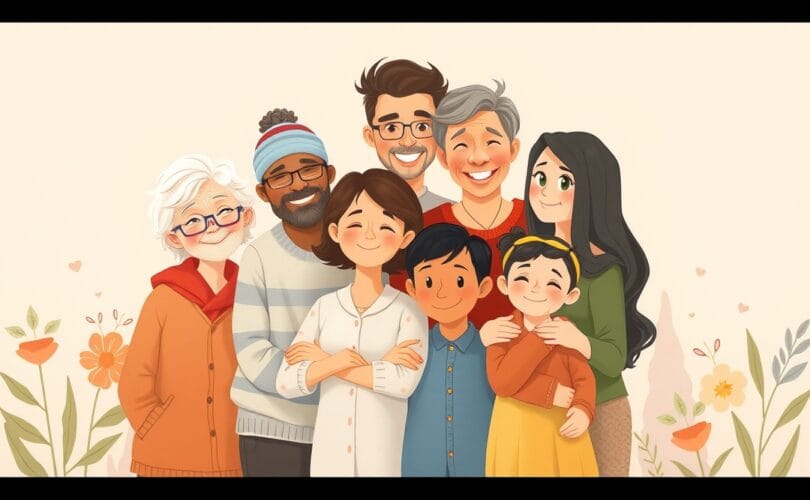 Harmonijna ilustracja rodziny patchworkowej, różnorodnej, wyrażającej akceptację i bliskość.