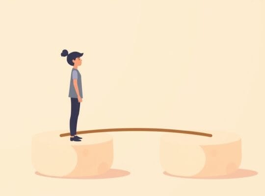 Estetyczna ilustracja pastelowa: dorośli syn/córka i rodzic na platformach połączonych mostem.