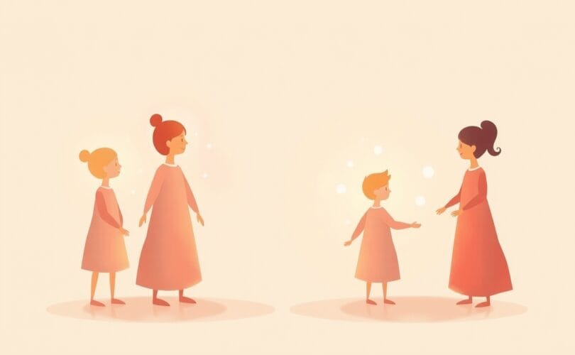 Delikatna ilustracja pastelowa: rodziny z zachowanymi granicami i otwartą komunikacją.