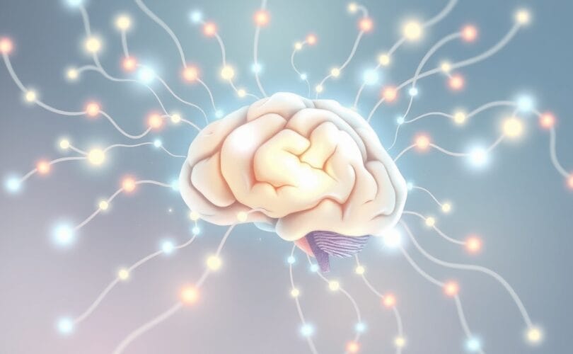 Abstrakcyjna, pastelowa ilustracja ścieżek neuronowych symbolizujących neuroprzekaźniki wspierające pamięć.