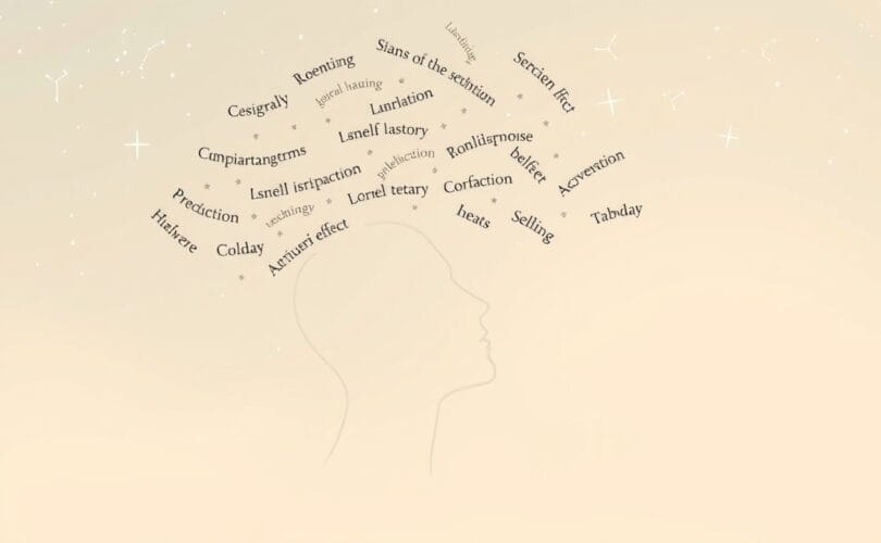 Stylizowana postać ludzka, rozmaite frazy i subtelne konstelacje, symbolizujące efekt Barnuma.