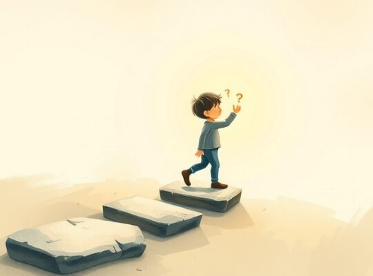 Ścieżka z jaśniejszych kamieni; postać sięga po łatwo dostępne informacje.