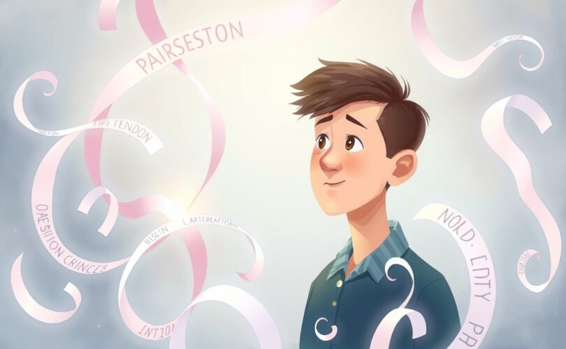 Ilustracja pastelowa: osoba analizuje wirujące subtelnie świecące wstążki informacji.