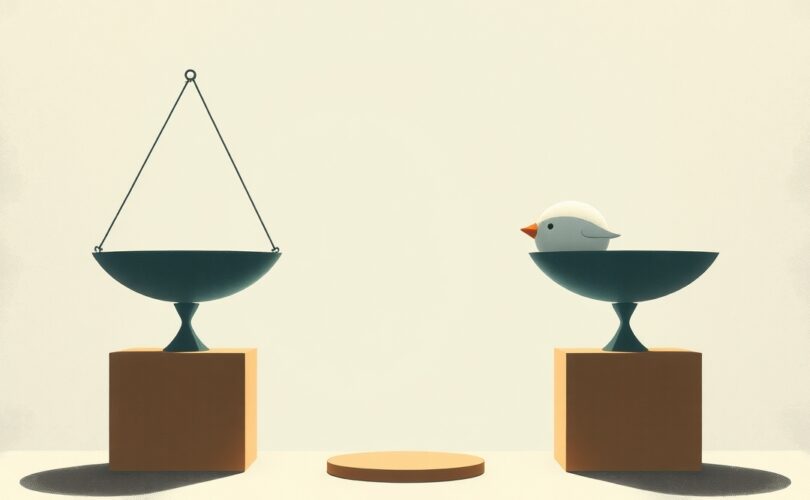 Waga równoważy dwie odmienne grafiki w łagodnych barwach, sugerując wpływ na postrzeganie.