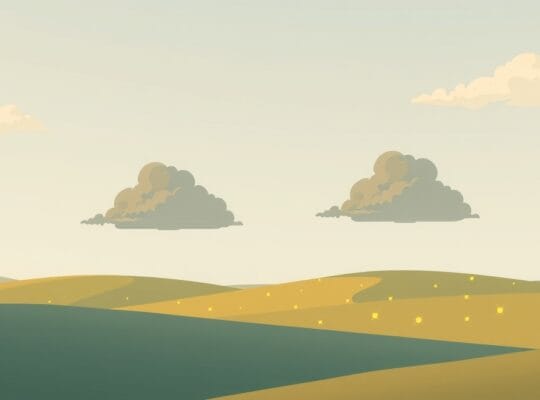 Pastelowy krajobraz z dominującymi ciemnymi chmurami nad małymi promieniami słońca.