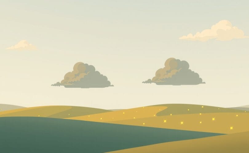 Pastelowy krajobraz z dominującymi ciemnymi chmurami nad małymi promieniami słońca.