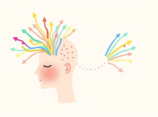 Uproszczony profil ludzkiej głowy z bańkami myśli, selektywnie przetwarzającymi informacje.