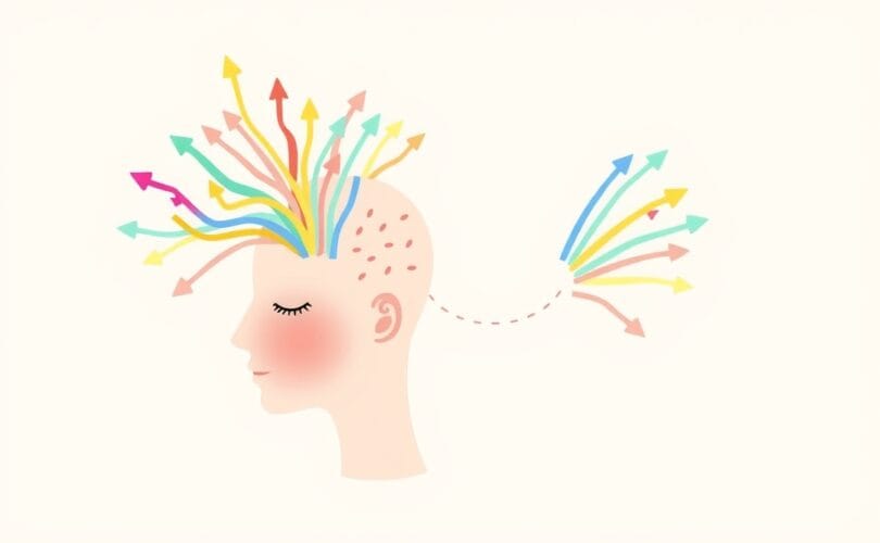 Uproszczony profil ludzkiej głowy z bańkami myśli, selektywnie przetwarzającymi informacje.