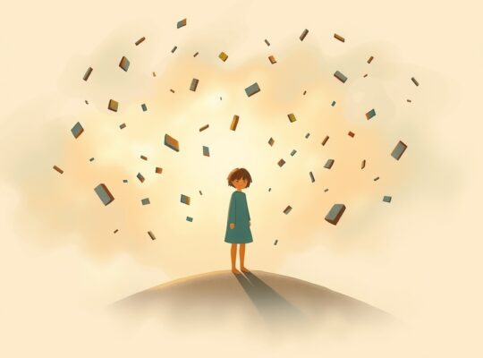 Samotna postać w pastelowej, mglistej chmurze myśli, świadomie szuka zrównoważonego zrozumienia.