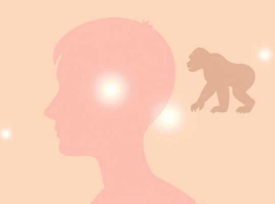 Ilustracja: ludzka sylwetka skupiona, z rozmytym centrum, gdzie pojawia się półprzezroczysty goryl.