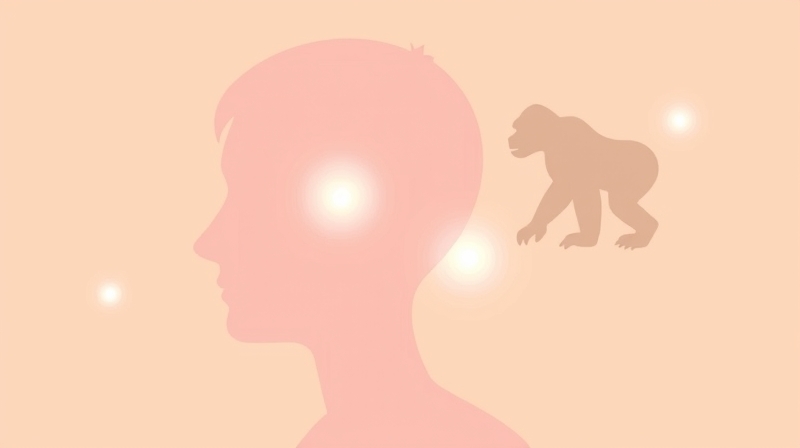 Ilustracja: ludzka sylwetka skupiona, z rozmytym centrum, gdzie pojawia się półprzezroczysty goryl.