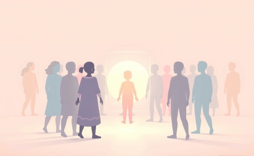 Abstrakcyjne, pastelowe postacie tworzą delikatne wzory, symbolizując wpływ grupy na indywidualne wybory.