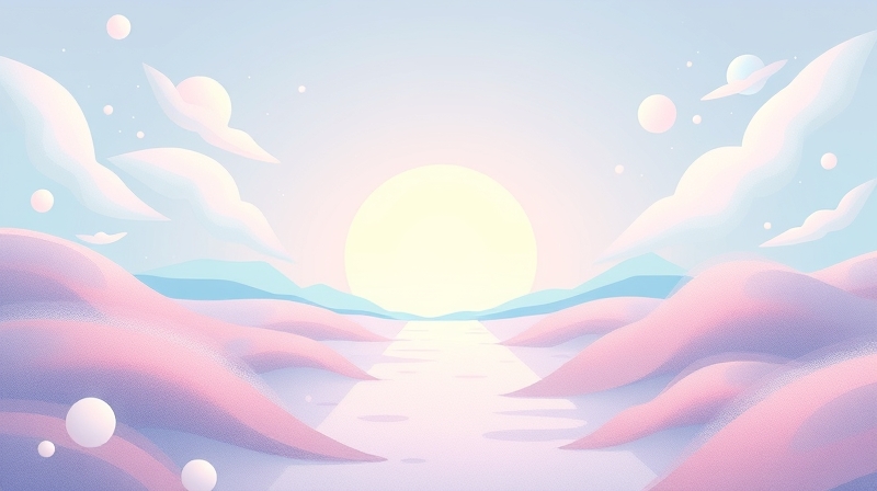 Sielski, surrealistyczny krajobraz z mglistą ścieżką i pastelowymi, półprzezroczystymi welonami.