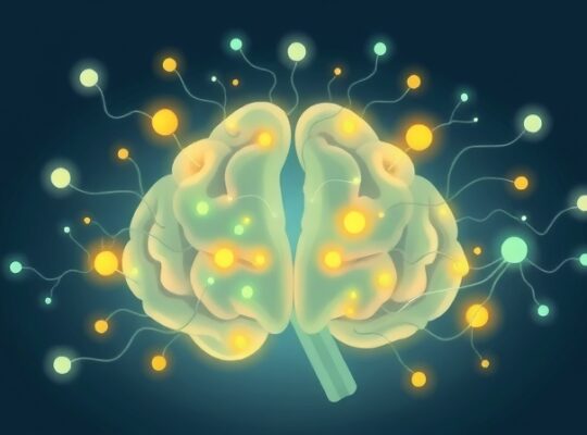 Symboliczna ilustracja mózgu koordynującego trudne rozmowy, ukazująca jego złożone, połączone funkcje.