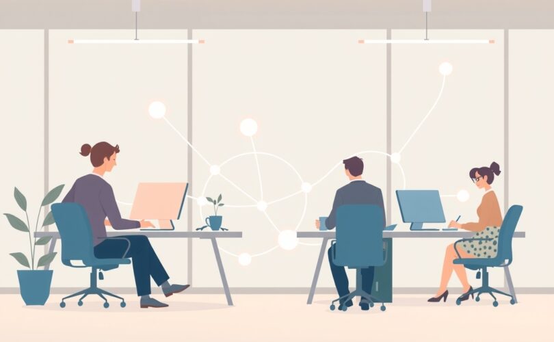 Połączone ścieżki neuronowe wspierające symboliczną sieć współpracy w pastelowym biurze.