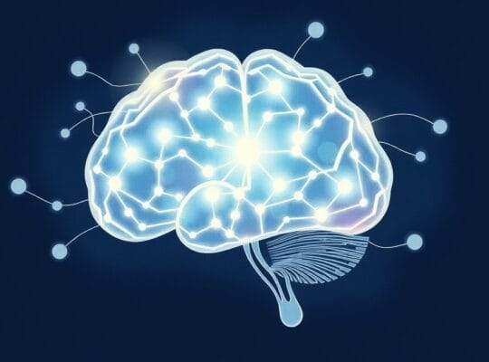 Abstrakcyjna ilustracja sieci neuronowej symbolizing planowania mózgu, pastelowe kolory, kontemplacyjny nastrój.