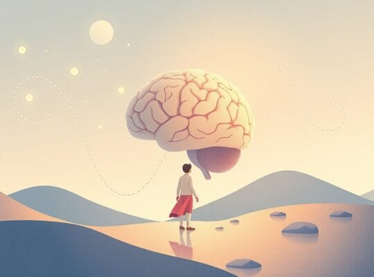 Abstrakcyjna ilustracja mózgu adaptującego się do zmian, miękkie kolory, organiczne kształty.