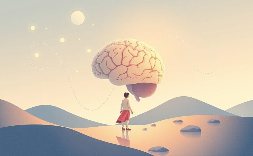 Abstrakcyjna ilustracja mózgu adaptującego się do zmian, miękkie kolory, organiczne kształty.