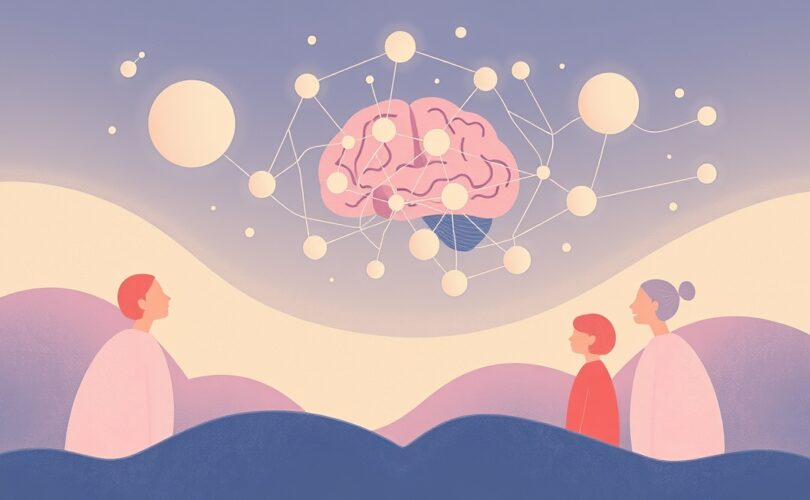 Ilustracja mózgu łączącego się z innymi ludźmi poprzez abstrakcyjne, świetliste ścieżki neuronalne.