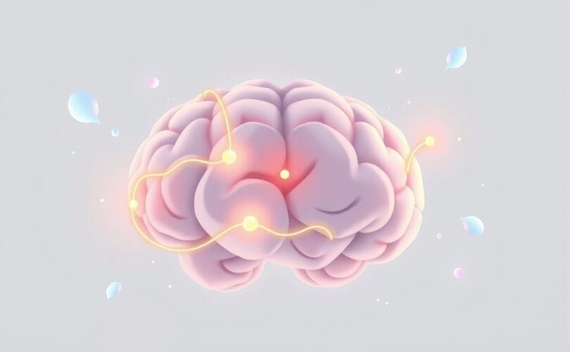 Stylizowany mózg z delikatnymi, świetlistymi ścieżkami regulującymi emocje w pastelowych barwach.