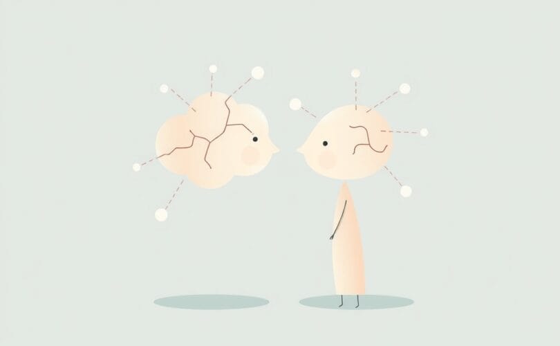 Stylizowana ilustracja pastelowa, łączące się bańki myślowe z neuronowymi ścieżkami, symbolizujące współpracę.