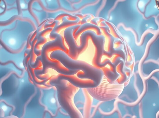 Mózg jako pastelowa, świetlista, snująca się sieć neuronowa, odsłaniająca procesy myślowe.
