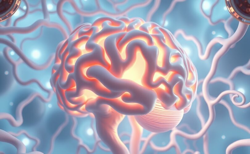 Mózg jako pastelowa, świetlista, snująca się sieć neuronowa, odsłaniająca procesy myślowe.