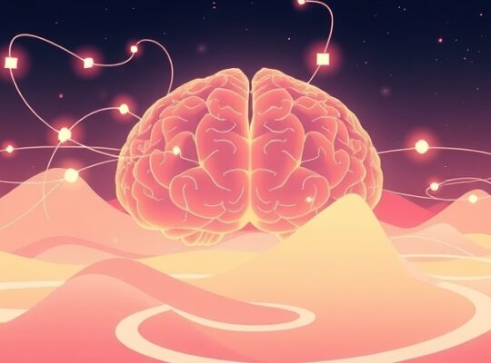 Eteryczny mózg przetwarza informacje podczas rozmowy, ukazując świetliste ścieżki neuronalne w pastelowych barwach.