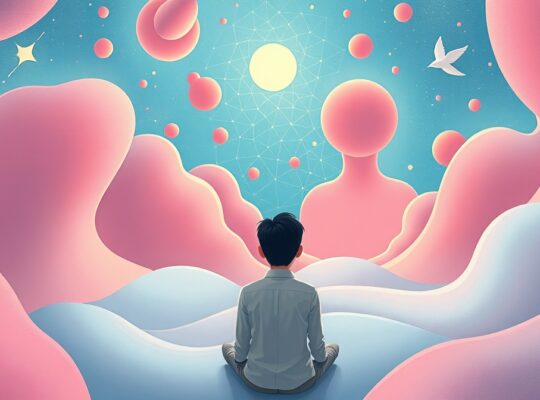 Surrealistyczna ilustracja symbolizująca pracę mózgu podczas nudy, z pastelowymi barwami.