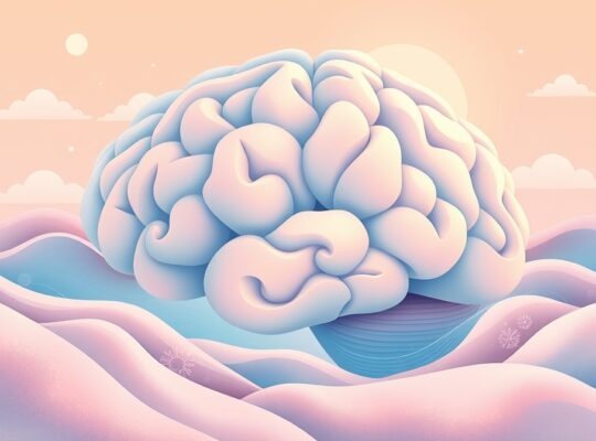 Spokojny, pastelowy krajobraz mózgowy z abstrakcyjnymi elementami, symbolizujący relaks i kreatywność.